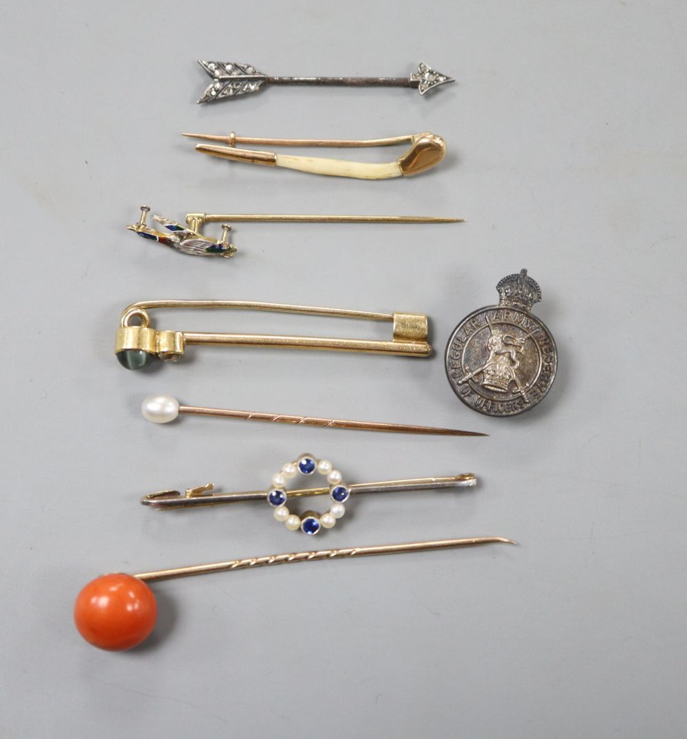 A Victorian rose cut diamond set jabot pin, three stick pins including 15ct & enamel flying duck & 3 other brooches.